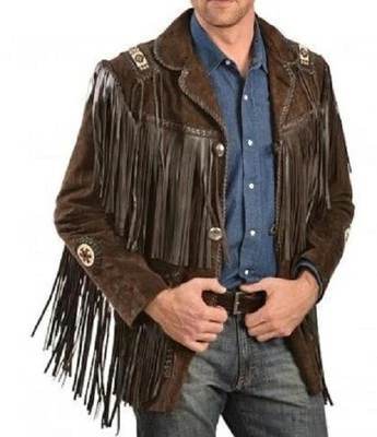 New Mens Brown Suede leather Sculley Fringe cowboy style western jacket coat - Image 1 of 4