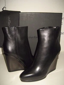 $795 NEW CALVIN KLEIN COLLECTION US 8.5 Black Leather High Wedge Ankle Boots Box - Picture 1 of 8