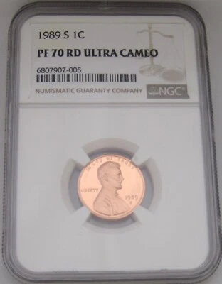1989-S Lincoln Memorial Cent NGC PF70 RED ULTRA CAMEO - BRIGHT RED HOT PROOF - Image 1 of 4