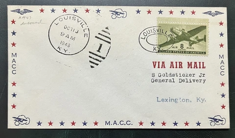 1946 LOUISVILLE KENTUCKY M.A.C.C. AIRMAIL COVER, BACKSTAMPED LEXINGTON Cover