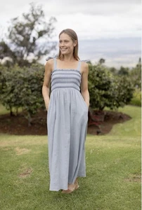 Neuflora Celine Kleid Blau Gesmokt Bindebänder Leinenmischung Midi Damen Large Neu - Bild 1 von 8