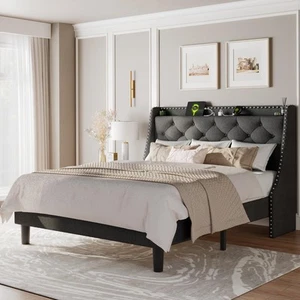 Full Size Bed Frame with Luxury Wingback and Fast Charging Station,Full Uphol... - Picture 1 of 7