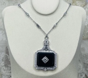 Titanic Sliver CZ Station Necklace Art Deco Inspired Onyx Pendant 16” Chain - Picture 1 of 6