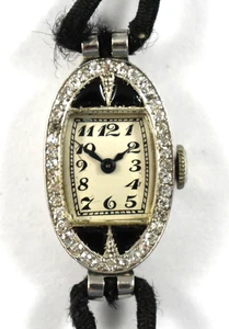 Orologio meccanico donna cassa diamanti platino e onice vintage senza marchio funzionante lot.ey - Foto 1 di 12