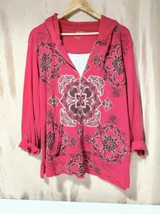 Ny & Co Boho Plus Size 2X Women’s Red Top W Hoodie & Built In Tank Top Pre Owned - Picture 1 of 12