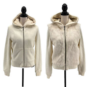 Juicy Couture Womens Rabbit Fur Hoodie Jacket Ivory Large Reversible