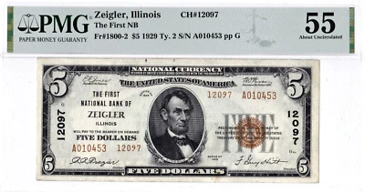 $5 1929 T2 National ZEIGLER Illinois IL ((Highest Serial # Known)) PMG 55 AU - Image 1 of 2