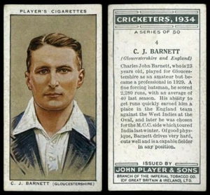 C.J. Barnett #4 Cricketers 1934 John Player & Sons Cigarette Card - Picture 1 of 1