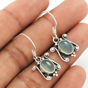 Oval Natural Chalcedony Bezel Dangle Drop Hook Engagement Earrings Solid Silver - Imagen 1 de 7