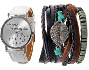 Who Cares Uhrenset weißes Lederband stapelbar Blattarmbänder - Bild 1 von 1