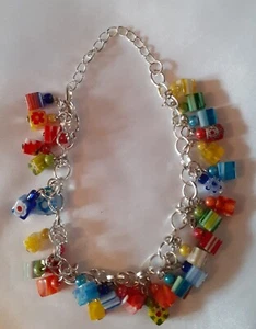 CHARM BRACELET MULTI MILLIFIORE CUBE BEADS SP CHAIN/EXT 7 1/2" HAND MADE I OFF - Picture 1 of 1
