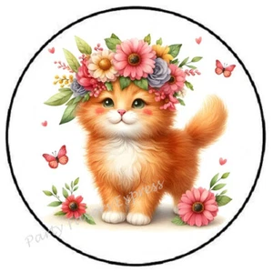 CAT WITH FLOWERS ENVELOPE SEALS LABELS STICKERS PARTY FAVORS - Picture 1 of 2