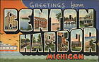 Benton Harbor Michigan Large Letter multiview ship unused vintage linen postcard