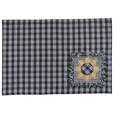 2 Stafford Sunflower Black Cream Plaid Cotton Country Farmhouse Placemats 13x19 - Image 1 of 3
