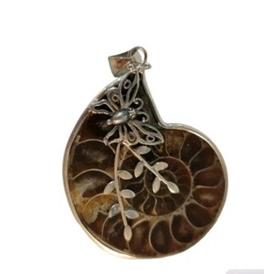 Ammonite Fossil Pendant Sterling Silver .925 Butterfly Leaf Tested Shell  - Picture 1 of 7