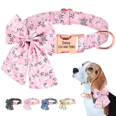 Floral Personalised Dog Collar with Cute Big Bow Tie Pet Name ID Tag Engraved - Image 1 of 4