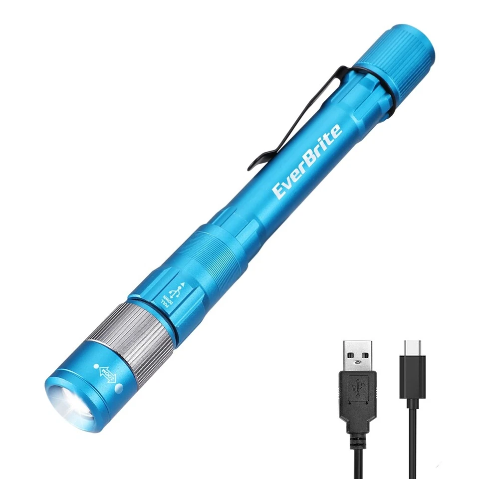 EverBrite Rechargeable LED Pen Light Pen Flashlight 300LM Zoomable w/USB-C Cable