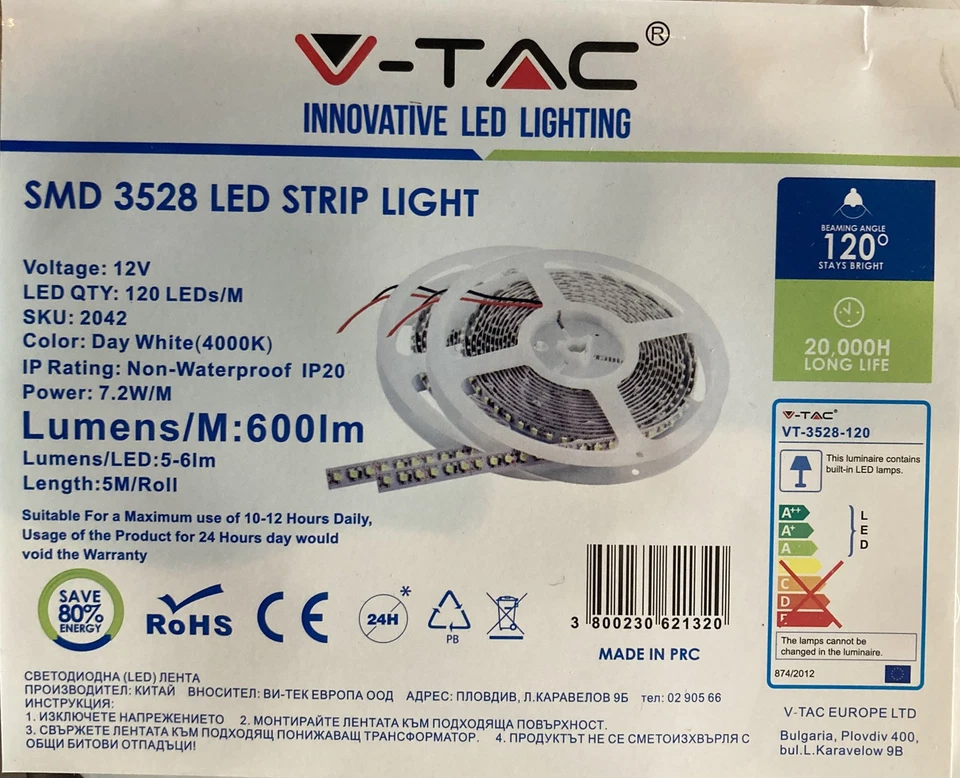 BOBINA STRIP LED 5M SMD3528 4000K BIANCO VTAC2042 12V IP20 120LED/M 600LUMEN/M A - Immagine 1 di 1