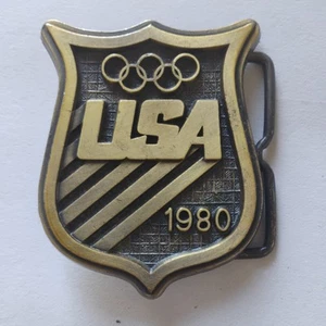 Vintage 1980 USA Winter Olympics Brass Belt Buckle, Lake Placid, Hockey, Ski - Picture 1 of 8