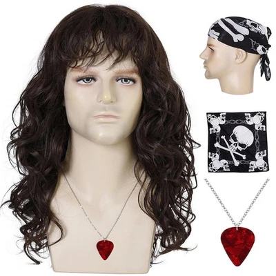 Peluca mecedora para hombre con bandana y collar pelucas mecedoras de los años 80 peluca de pelo castaño largo... Foto 1 de 4