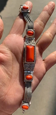 Antigua Dinastía China Incrustación de Plata Coral Tradición Clásica Pulsera Cadena Pulsera Foto 1 de 4