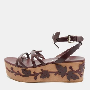 Prada Burgundy Leather Wedge Ankle Strap Sandals Size 37.5 - Picture 1 of 9