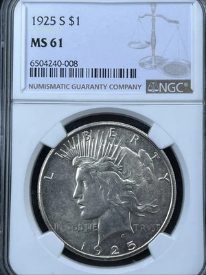 1925-S PEACE DOLLAR NGC MS61 (undergraded?) - Image 1 of 3