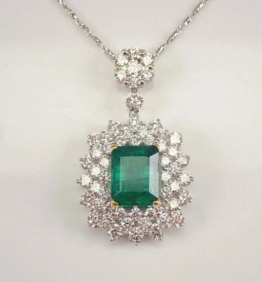 3Ct Lab Created Green Emerald Halo Pendant 14K White Gold Finish With Free Chain - Image 1 of 4