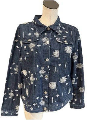 laura ashley 女式大号蓝色牛仔阿兹特克刺绣纽扣前夹克 BB — 第 1/4 张图片