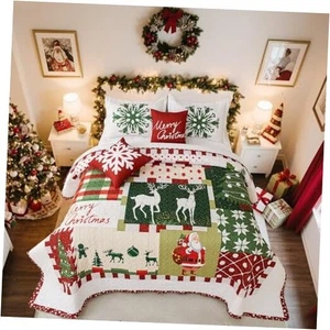  Christmas Quilts Set Queen Size 5 Piece Patch King(106"X 96") White Patch - Picture 1 of 8