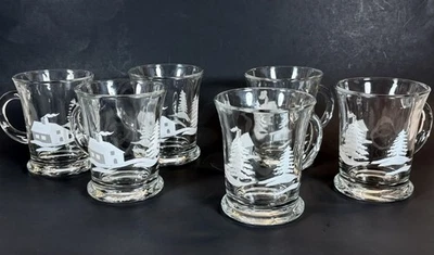 Винтажный Anchor Hocking снежная деревня стеклянные кружки набор из 6 больших кофейных чашек - Изображение 1 из 4