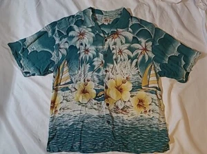 Red Turtle 100% Silk Hawaiian Shirt ~ Sailboat & Coconut Trees Print Men's XL - Picture 1 of 24