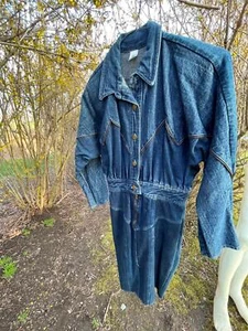 VTG 80S RETRO WOMENS 7/8 DARK DENIM JEAN ZIPPER TRIM NEW WAVE BUTTON ZIP DRESS - Picture 1 of 6