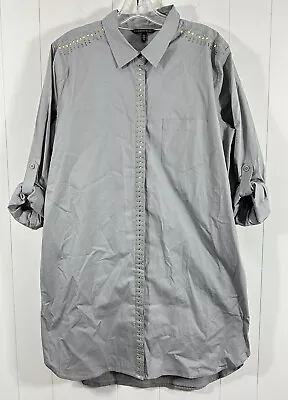 Victoria Secret Gray Shift Button Front Embellished Dress Size 14 Roll Tab - Image 1 of 4