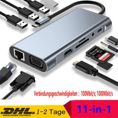 11-in-1 USB Typ C Hub Docking Station Adapter mit 4K-HDMI VGA USB 3.0 RJ45 AUX - Bild 1 von 4
