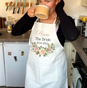 Personalised bridal floral bridal linen apron chef pinny, tabard, WEDDING GIFT - Picture 1 of 3