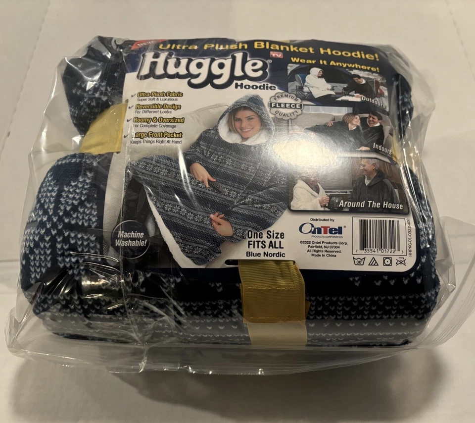 Ontel Huggle Hoodie Ultra Plush One Size NORDIC BLUE Blanket Good Anywhere Read