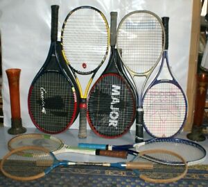 ensemble de 7 raquettes de tennis + une paire de raquettes vintage
