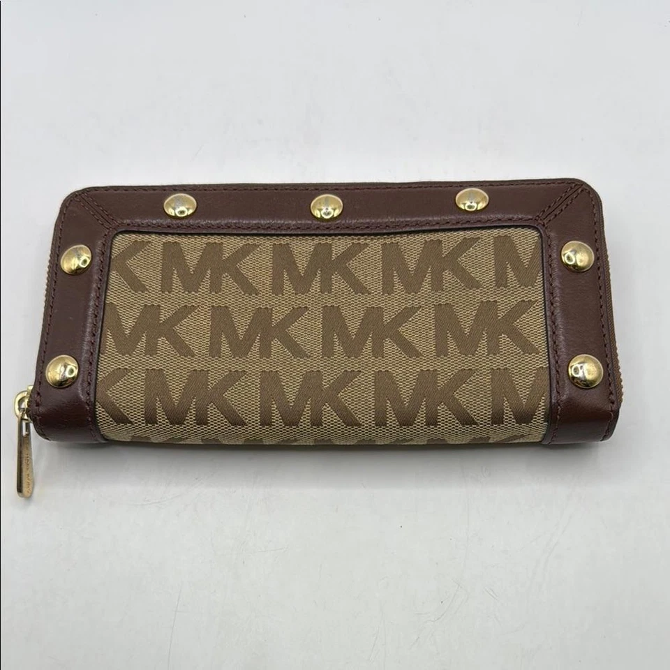 Michael Kors Delancy Signature MK Logo Leather Canvas Brown Wallet Studs Clutch - Image 1 of 4
