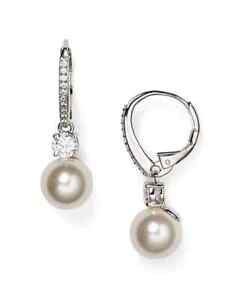 BNWT NADRI Crystal & Silver Huggie Pearl Drop Earrings - MSRP $30.00