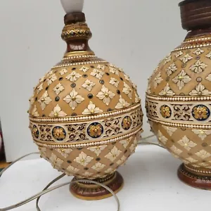 2x German Antique Mettlach Vileroy & Boch Pineapple Stoneware Art Nouveau Lamps - Picture 1 of 16