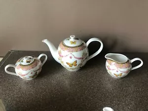 NEW GRACE'S TEAWARE TEA SET PINK W BUTTERFLIES TEAPOT CREAMER & COVD SUGAR - Picture 1 of 5