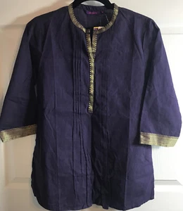NWT Srishti Tunic Top Wom Medium ¾ Sleeve Purple Gold Trim Cotton Pleated Blouse - Picture 1 of 9