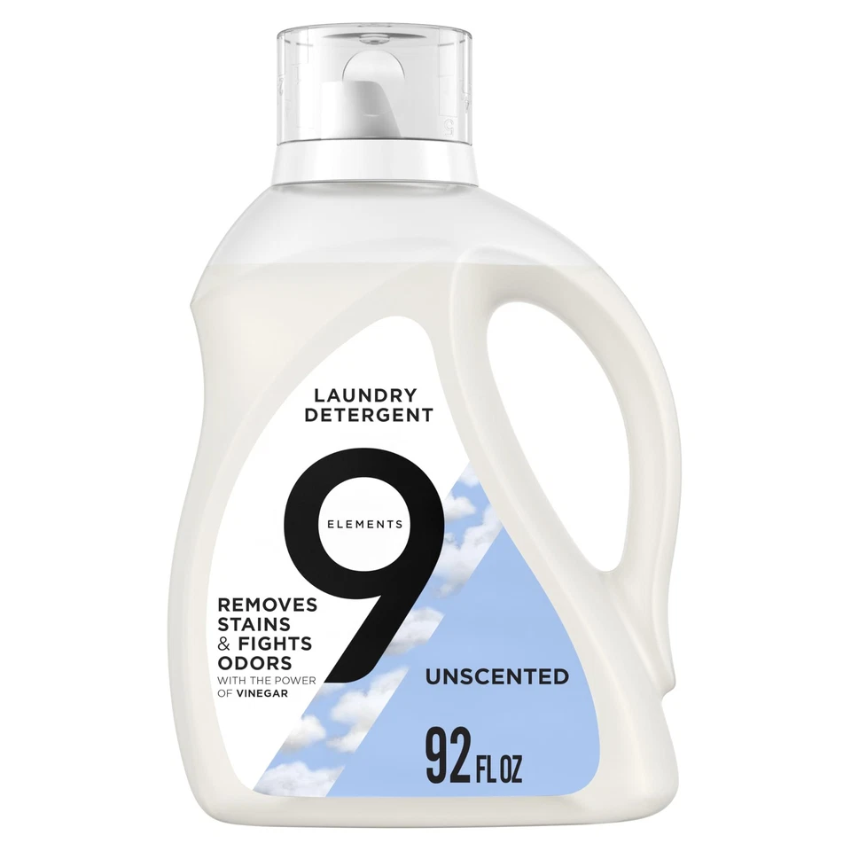 9 Elements Natural Liquid Laundry Detergent Vinegar Powered Unscented 92 F...