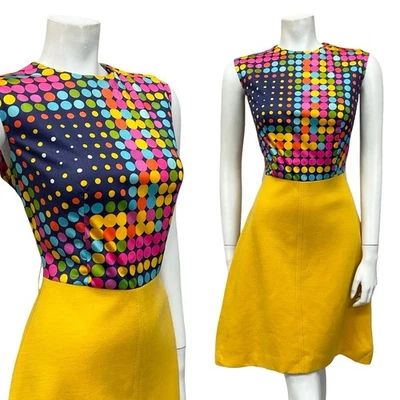 VESTIDO MIDI GEOMÉTRICO DE COLECCIÓN AÑOS 60 70 AMARILLO AZUL ROSA VERDE DOTTY A LINE 10 Foto 1 de 4