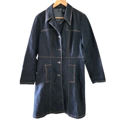 BISOU BISOU Women's Y2K Dark Wash Denim Duster Trench Coat Jacket Size Large - Image 1 of 4