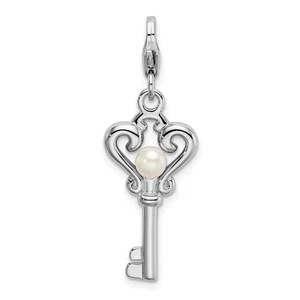 Amore La Vita Silver Polished Freshwater Cultured Pearl Key Charm with Fancy Lo - Picture 1 of 3