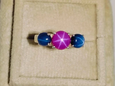Blue & Pink Lindy Star Sapphire Ring 925 Sterling Silver Lab Created Silver Ring - Image 1 of 4