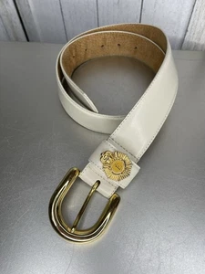 Vintage Linda Allard Ellen Tracy Belt 90s Leather Cream Gold Buckle Size Medium - Picture 1 of 4