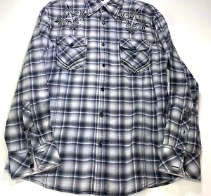 Camicia uomo Roar media grigio/nero ricamata manica lunga bottoni davanti Y2K - Foto 1 di 7